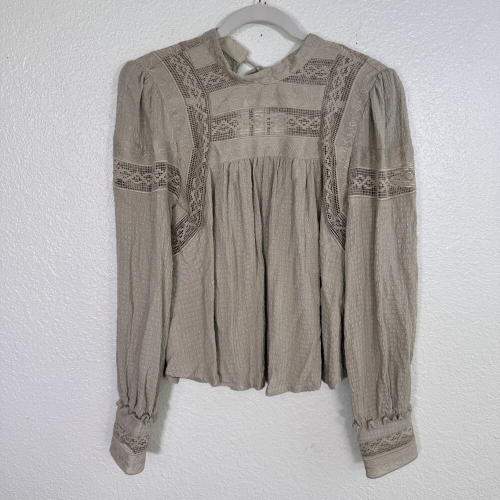 Free People Top Womens XS Embroidered Blouse Romantic Boho Peasant Spanish Moss